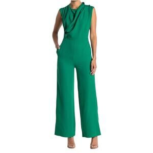 ONE ONE SIX High Cowl Neck Jumpsuit In Emerald Size Medium Pockets Leg Splits